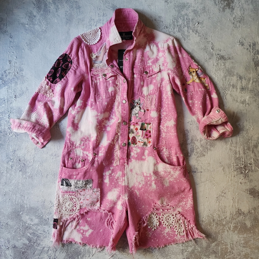Concept Streetwear Upcycled Couture Mini Hot Pink Romper/Jumpsuit Boho Chic